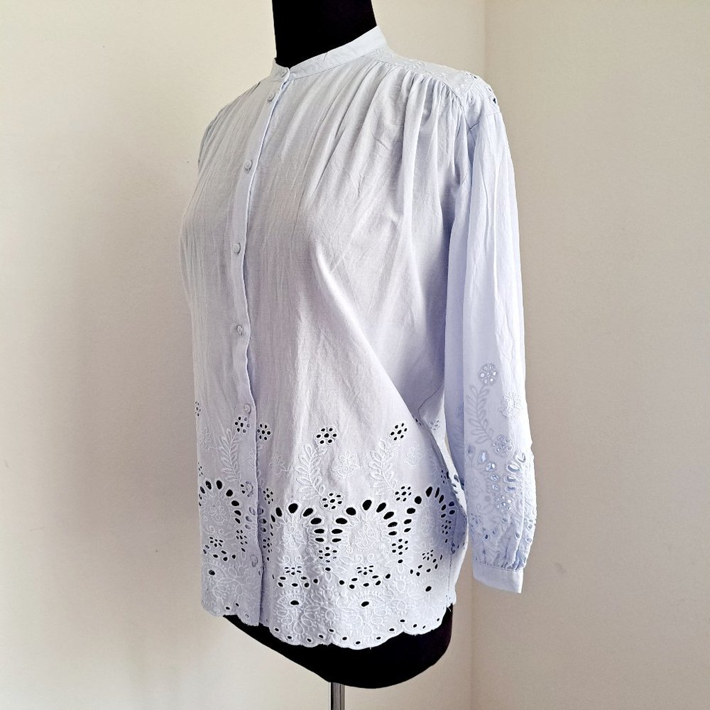 H&M Women's Eyelet Cotton Top Size 6 Color Light Blue Long Sleeve NWOT